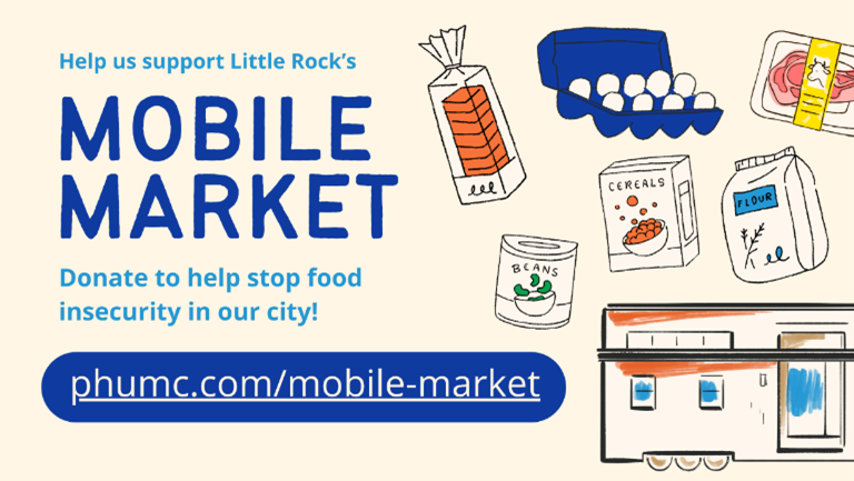 Graphic highlighting items for purchase at the Little Rock Mobile Market with a sketch of the trailing/market vehicle.